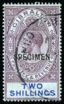 Stamp of Gibraltar 1912-24 Wmk Multi CA 1/2d, 1d, 2d, 2s (2) and 8s with SPECIMEN overprint and French Gabon Secretariat General receiving handstamp