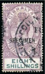 Stamp of Gibraltar 1912-24 Wmk Multi CA 1/2d, 1d, 2d, 2s (2) and 8s with SPECIMEN overprint and French Gabon Secretariat General receiving handstamp