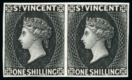 Stamp of St. Vincent 1882 Plate proof 1s black horizontal pair in black on thin card