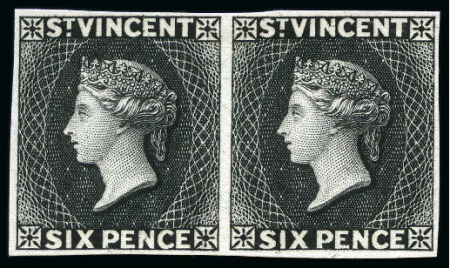 Stamp of St. Vincent 1882 Plate proof 6d black horizontal pair in black on thin card