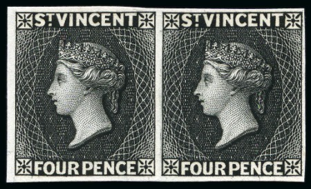 Stamp of St. Vincent 1882 Plate proof 4d black horizontal pair in black on thin card