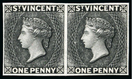 Stamp of St. Vincent 1882 Plate proof 1d black horizontal pair in black on thin card,
