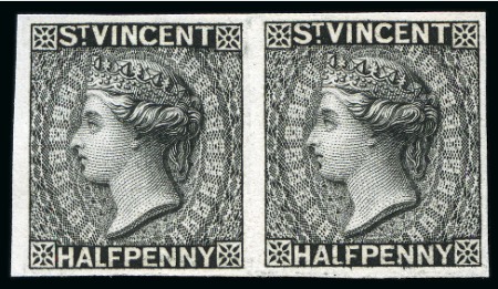Stamp of St. Vincent 1882 Plate proof 1/2d black horizontal pair in black on thin card