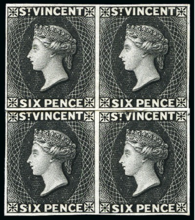 Stamp of St. Vincent 1882 Plate proof 6d black two horizontal pairs in black on thin card in rejoined block of four