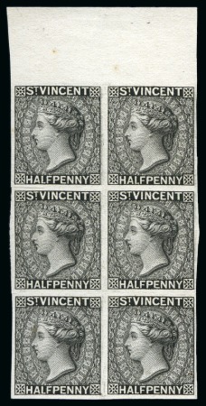 Stamp of St. Vincent 1882 Plate proof 1/2d black vertical top sheet marginal block of six in black on thin card