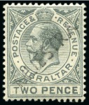 Stamp of Gibraltar 1912-24 Wmk Multi CA 1d, 2d, 1s blue-green with olive back and 1s on emerald surface, each with "MUESTRA" handstamps applied in Gibraltar 