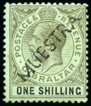 Stamp of Gibraltar 1912-24 Wmk Multi CA 1d, 2d, 1s blue-green with olive back and 1s on emerald surface, each with "MUESTRA" handstamps applied in Gibraltar 