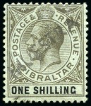 Stamp of Gibraltar 1912-24 Wmk Multi CA 1d, 2d, 1s blue-green with olive back and 1s on emerald surface, each with "MUESTRA" handstamps applied in Gibraltar 