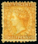 Stamp of St. Vincent ONLY RECORDED EXAMPLE: 1881 Specimen 1/2d. orange handstamped "SPECIMEN." (16x1.75mm.)