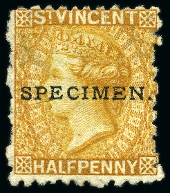 Stamp of St. Vincent ONLY RECORDED EXAMPLE: 1881 Specimen 1/2d. orange handstamped "SPECIMEN." (16x1.75mm.)