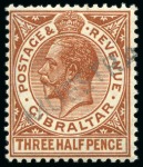 Stamp of Gibraltar 1921-27 Wmk Script CA 1 1/2d (2 shades), 2d pair, 2 1/2d, 6d (2 shades) and 1s, each with "MUESTRA" handstamps applied in Gibraltar