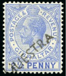 Stamp of Gibraltar 1921-27 Wmk Script CA 1 1/2d (2 shades), 2d pair, 2 1/2d, 6d (2 shades) and 1s, each with "MUESTRA" handstamps applied in Gibraltar