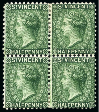 Stamp of St. Vincent 1883-84 1/2d. green block of four, unused with part to large part original gum