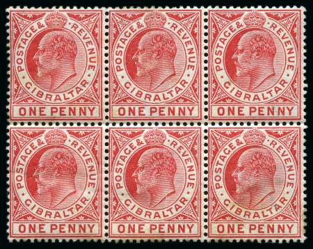Stamp of Gibraltar 1906-11 Multi Crown CA 1d carmine with WATERMARK SIDEWAYS in a mint block of six