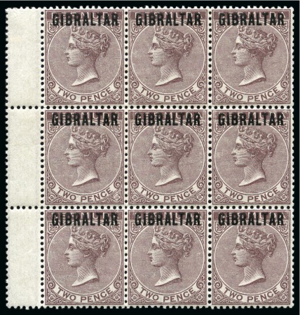 Stamp of Gibraltar 1886 2d Purple Brown mint block of 9 with interpanneau margin at left