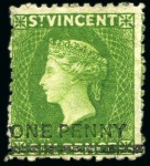Stamp of St. Vincent 1881 (Nov.) "ONE PENNY" on 6d. bright green, four unused singles, all with part original gum
