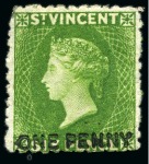 Stamp of St. Vincent 1881 (Nov.) "ONE PENNY" on 6d. bright green, four unused singles, all with part original gum