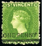 Stamp of St. Vincent 1881 (Nov.) "ONE PENNY" on 6d. bright green, four unused singles, all with part original gum