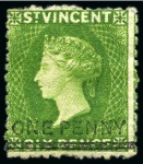 Stamp of St. Vincent 1881 (Nov.) "ONE PENNY" on 6d. bright green, four unused singles, all with part original gum