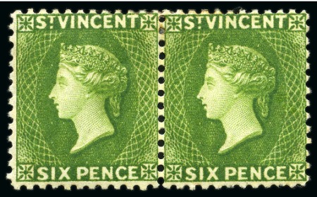Stamp of St. Vincent 1883-84 6d. bright green, horizontal pair, unused with part original gum