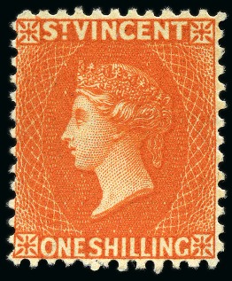 Stamp of St. Vincent 1883-84 1s orange-vermilion, three singles, all unused with part original gum