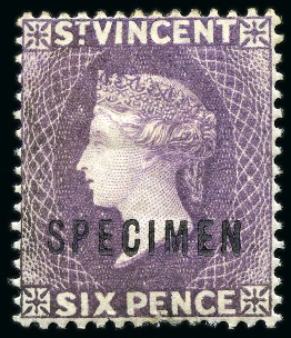 Stamp of St. Vincent 1885-93 6d. violet, three singles and two with SPECIMEN ovpts
