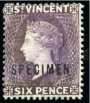 Stamp of St. Vincent 1885-93 6d. violet, three singles and two with SPECIMEN ovpts