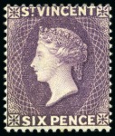Stamp of St. Vincent 1885-93 6d. violet, three singles and two with SPECIMEN ovpts