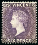 Stamp of St. Vincent 1885-93 6d. violet, three singles and two with SPECIMEN ovpts