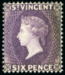 Stamp of St. Vincent 1885-93 6d. violet, three singles and two with SPECIMEN ovpts