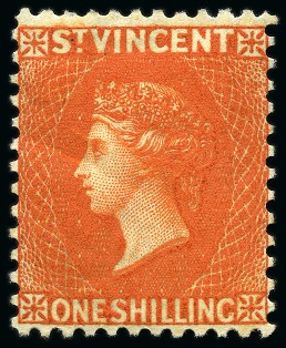 Stamp of St. Vincent 1883-84 1s orange-vermilion, watermark reversed, unused with part original gum