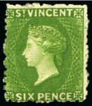 Stamp of St. Vincent 1880 6d. bright green, three singles, all unused with part original gum