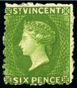 Stamp of St. Vincent 1880 6d. bright green, three singles, all unused with part original gum