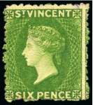 Stamp of St. Vincent 1880 6d. bright green, three singles, all unused with part original gum