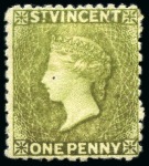Stamp of St. Vincent 1880 1d. olive green, two singles, both unused with part original gum