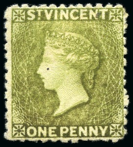 Stamp of St. Vincent 1880 1d. olive green, two singles, both unused with part original gum