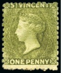 Stamp of St. Vincent 1880 1d. olive green, two singles, both unused with part original gum