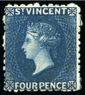 Stamp of St. Vincent 1877 4d deep blue, unused, large part original gum