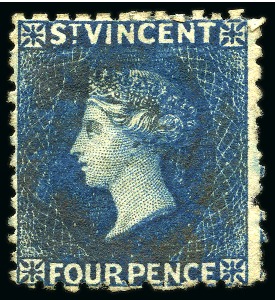 Stamp of St. Vincent 1877 4d deep blue, unused, part original gum