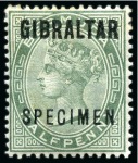 Stamp of Gibraltar 1886 1/2d to 1s SPECIMEN set of 7 with part to large part og