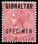 Stamp of Gibraltar 1886 1/2d to 1s SPECIMEN set of 7 with part to large part og