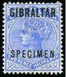 Stamp of Gibraltar 1886 1/2d to 1s SPECIMEN set of 7 with part to large part og
