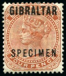 Stamp of Gibraltar 1886 1/2d to 1s SPECIMEN set of 7 with part to large part og