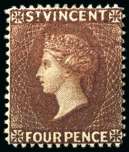 Stamp of St. Vincent 1885-93 4d. red-brown, unused showing watermark reversed, large part original gum