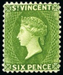 Stamp of St. Vincent 1883-84 6d bright green, five unused singles, all with large part original gum