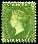 Stamp of St. Vincent 1883-84 6d bright green, five unused singles, all with large part original gum