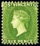 Stamp of St. Vincent 1883-84 6d bright green, five unused singles, all with large part original gum