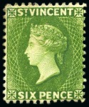 Stamp of St. Vincent 1883-84 6d bright green, five unused singles, all with large part original gum
