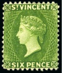 Stamp of St. Vincent 1883-84 6d bright green, five unused singles, all with large part original gum
