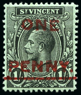 Stamp of St. Vincent 1915 1d on 1s black and green, showing double "ONE" variety, unused